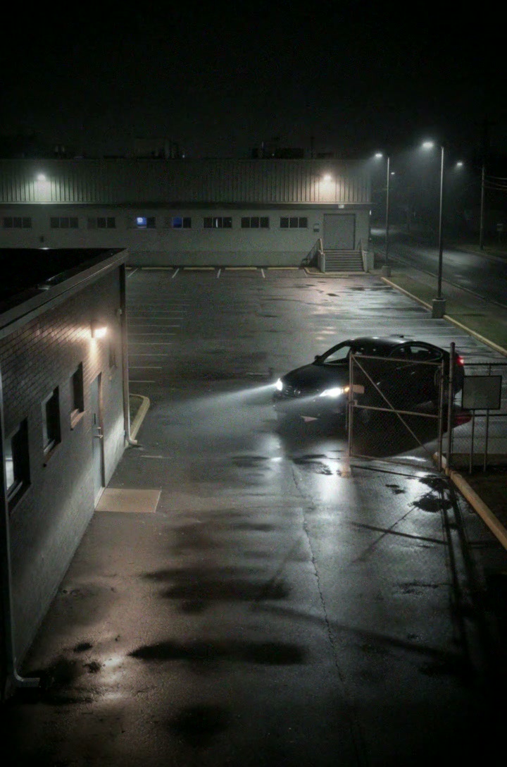 Security camera view of a vehicle inside a gated property at night.